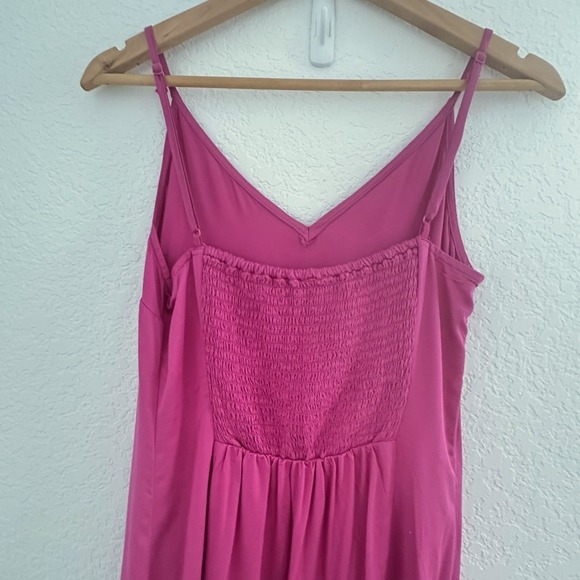 Old Navy Slip Maxi Dress S Raspberry Tart Pink Satin Smocked Side Slit Fairy NWT - Picture 4 of 16